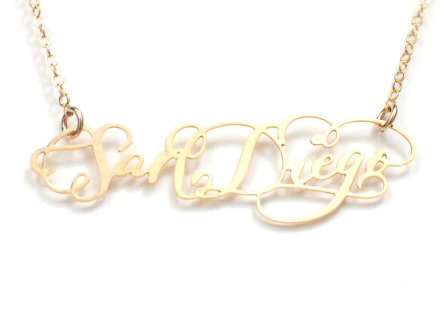 San Diego City Love Necklace - High Quality, Hand Lettered, Calligraphy City Necklace - Your Favorite City - Available in Gold and Silver - Made in USA - Brevity Jewelry