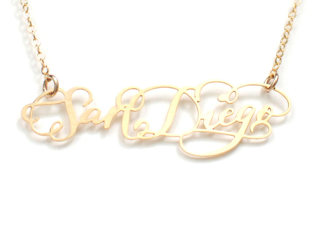 I Heart San Diego Necklace - High Quality, Hand Lettered, Calligraphy, City Necklace - Featuring a Dainty Heart and Your Favorite City - Available in Gold and Silver - Made in USA - Brevity Jewelry