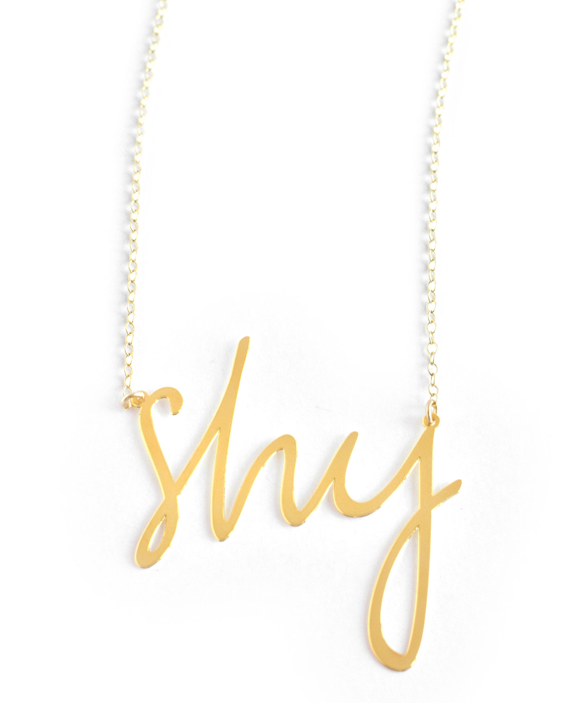 Shy Necklace - High Quality, Affordable, Hand Written, Self Love, Mantra Word Necklace - Available in Gold and Silver - Small and Large Sizes - Made in USA - Brevity Jewelry