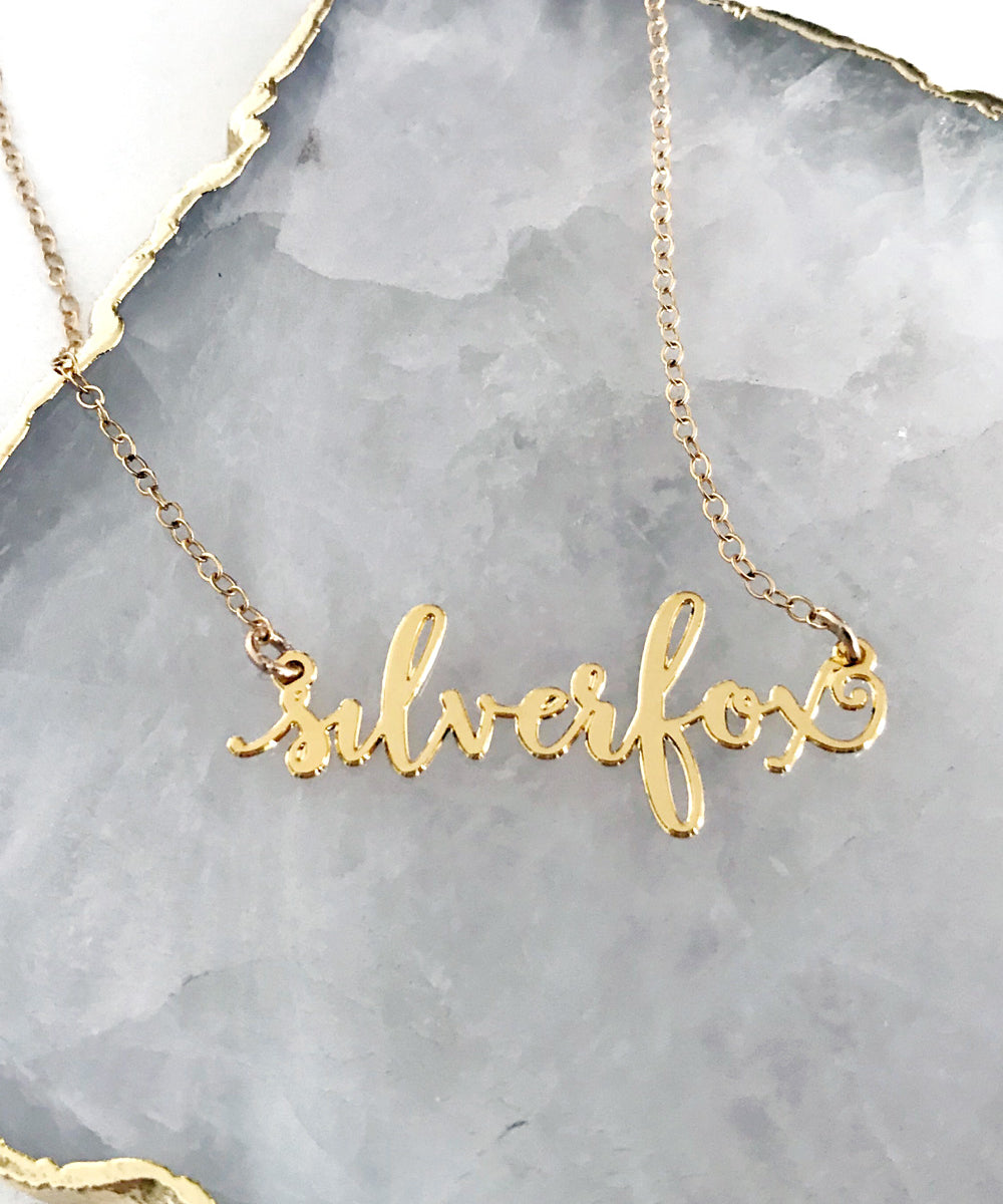 Silver Fox Necklace - High Quality, Affordable, Calligraphy, Empowering, Self Love, Mantra Word Necklace - Silver Sisters Unite - Available in Gold and Silver - Made in USA - Brevity Jewelry
