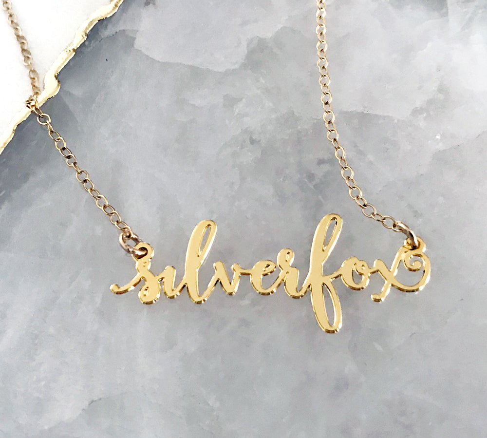 Silver Fox Necklace - High Quality, Affordable, Calligraphy, Empowering, Self Love, Mantra Word Necklace - Silver Sisters Unite - Available in Gold and Silver - Made in USA - Brevity Jewelry
