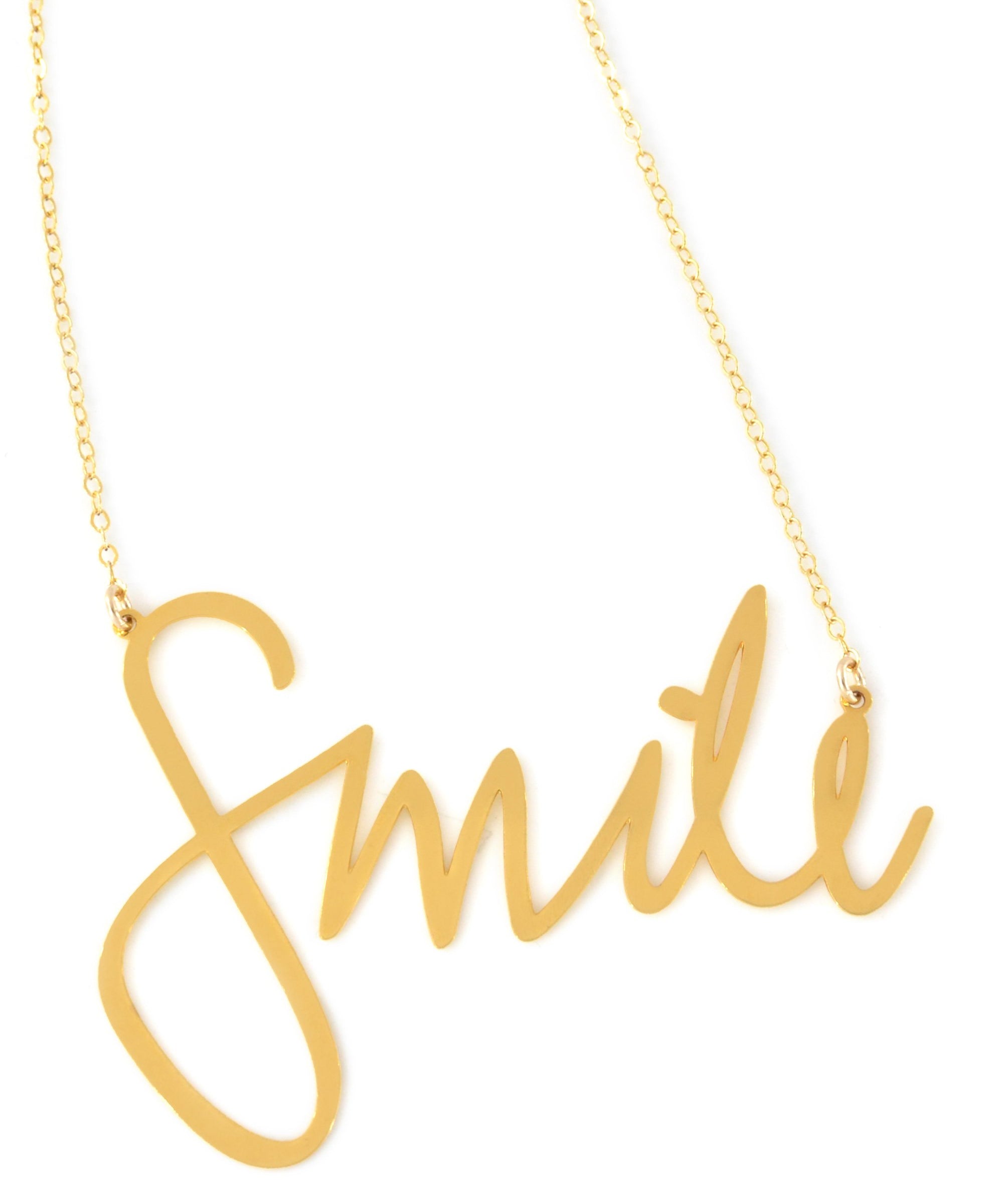 Smile Necklace - High Quality, Affordable, Hand Written, Self Love, Mantra Word Necklace - Available in Gold and Silver - Small and Large Sizes - Made in USA - Brevity Jewelry