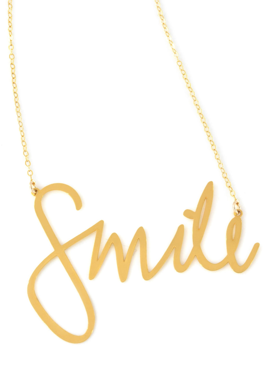 Smile Necklace - High Quality, Affordable, Hand Written, Self Love, Mantra Word Necklace - Available in Gold and Silver - Small and Large Sizes - Made in USA - Brevity Jewelry