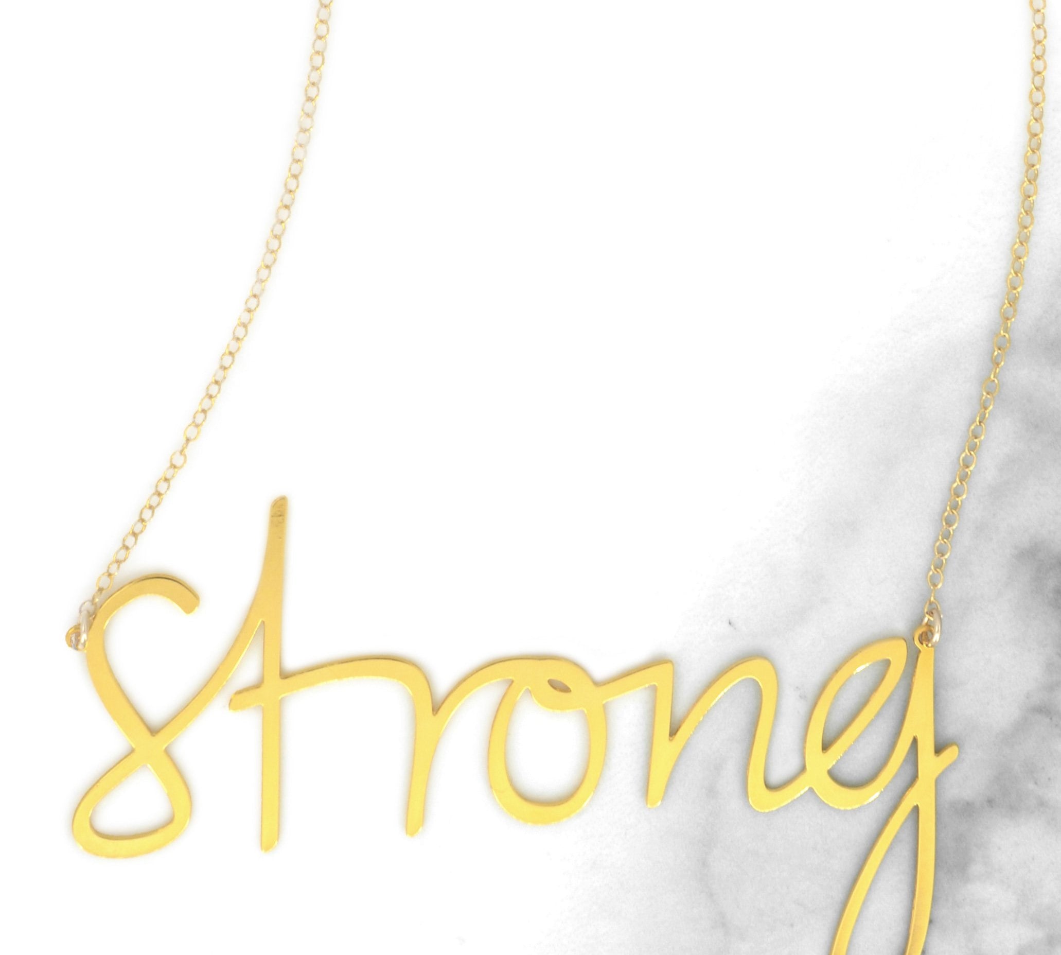 Strong Necklace - High Quality, Affordable, Hand Written, Empowering, Self Love, Mantra Word Necklace - Available in Gold and Silver - Small and Large Sizes - Made in USA - Brevity Jewelry