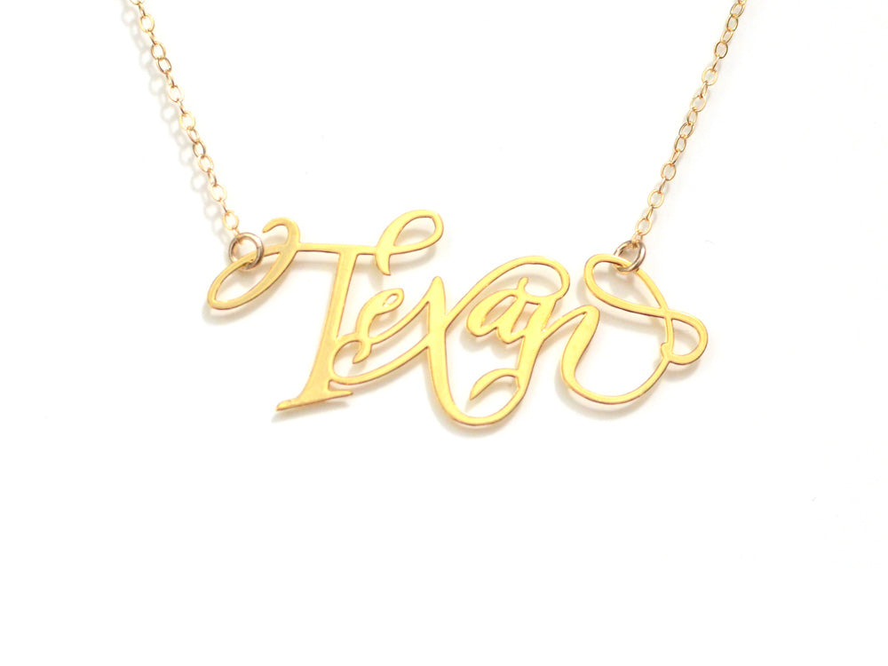 I Heart Texan Necklace - High Quality, Hand Lettered, Calligraphy, City Necklace - Featuring a Dainty Heart and Your Favorite City - Available in Gold and Silver - Made in USA - Brevity Jewelry