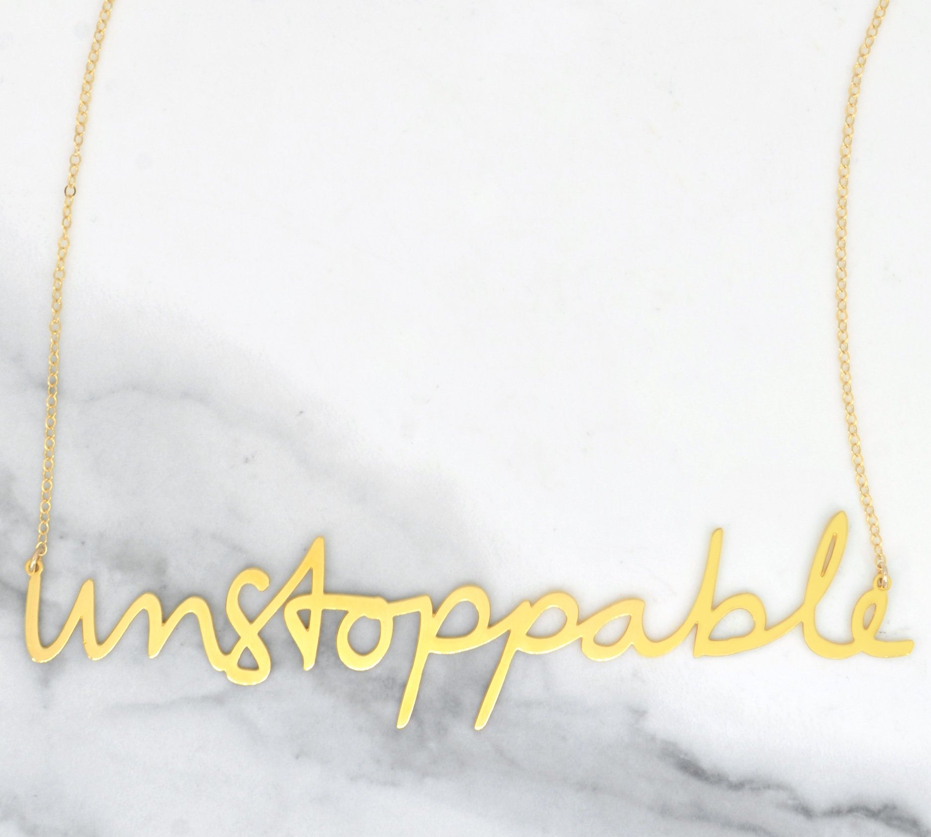 Unstoppable Necklace - High Quality, Affordable, Hand Written, Empowering, Self Love, Mantra Word Necklace - Available in Gold and Silver - Small and Large Sizes - Made in USA - Brevity Jewelry