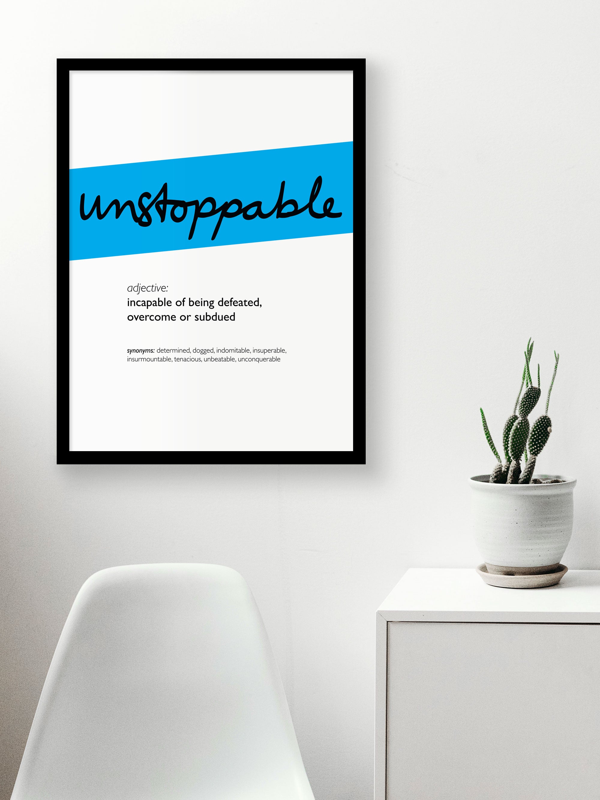 Framed Cyan Unstoppable Print With Word Definition - High Quality, Affordable, Hand Written, Empowering, Self Love, Mantra Word Print. Archival-Quality, Matte Giclée Print - Brevity Jewelry