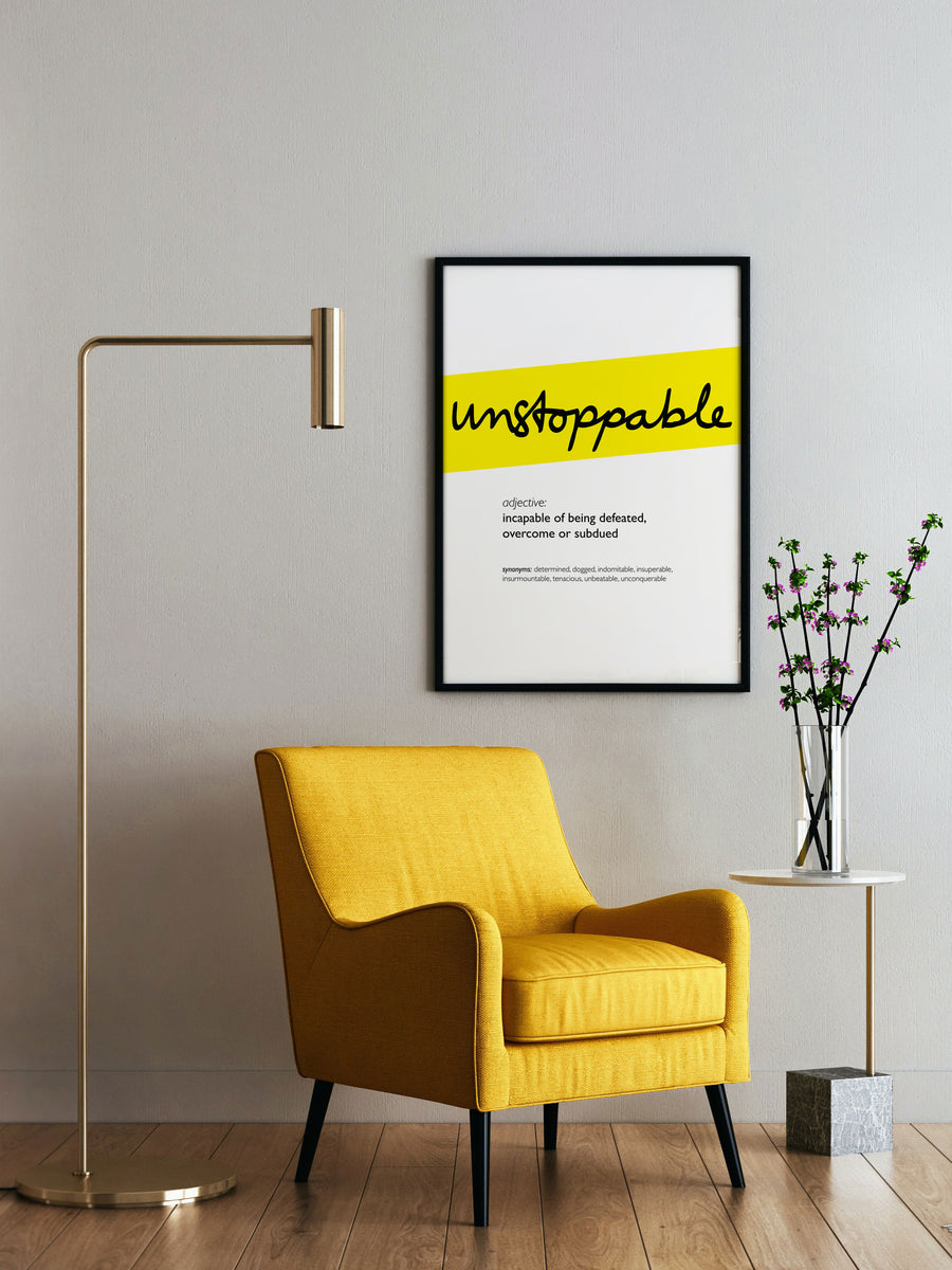 Framed Yellow Unstoppable Print With Word Definition - High Quality, Affordable, Hand Written, Empowering, Self Love, Mantra Word Print. Archival-Quality, Matte Giclée Print - Brevity Jewelry
