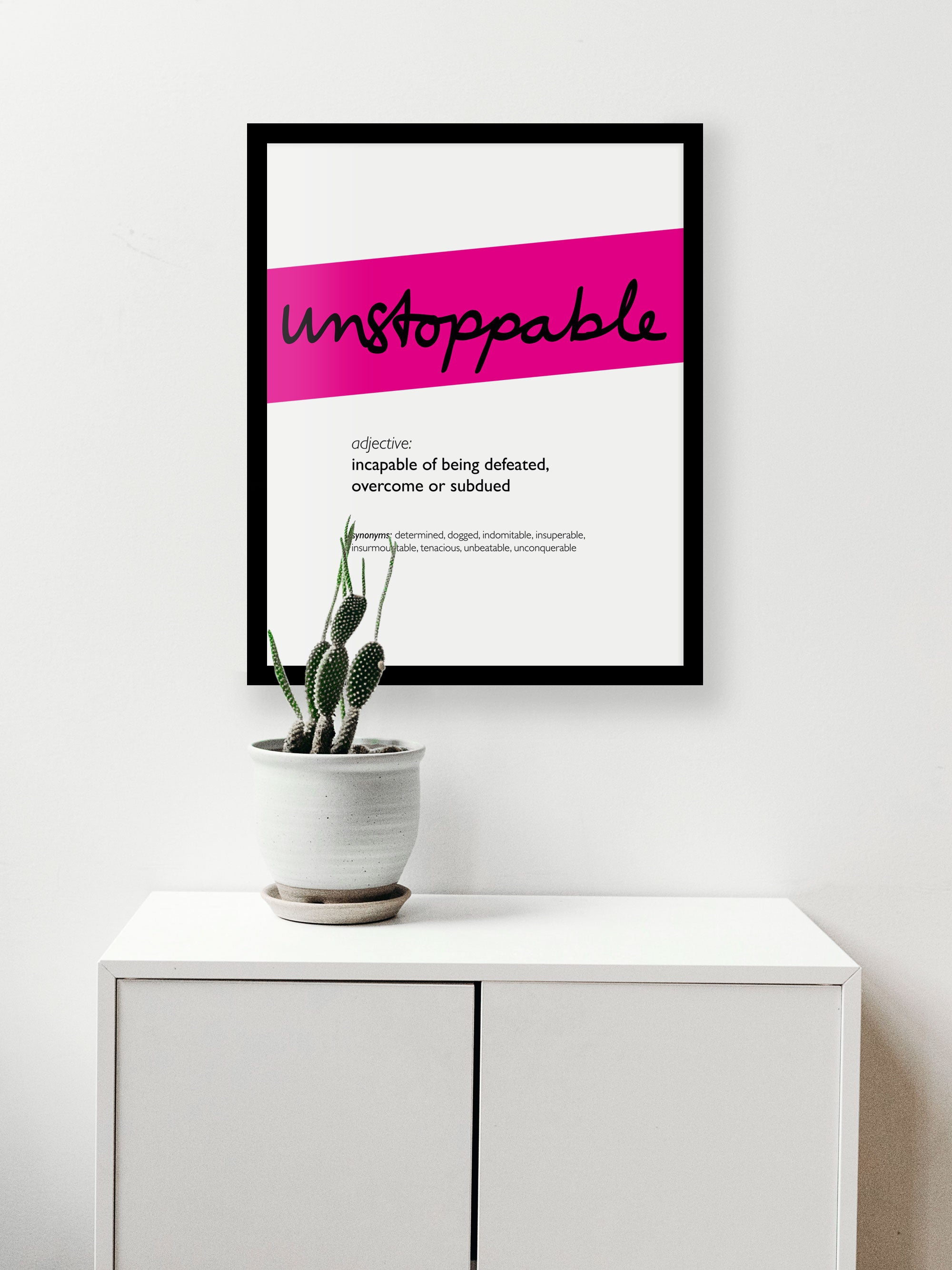 Framed Magenta Unstoppable Print With Word Definition - High Quality, Affordable, Hand Written, Empowering, Self Love, Mantra Word Print. Archival-Quality, Matte Giclée Print - Brevity Jewelry