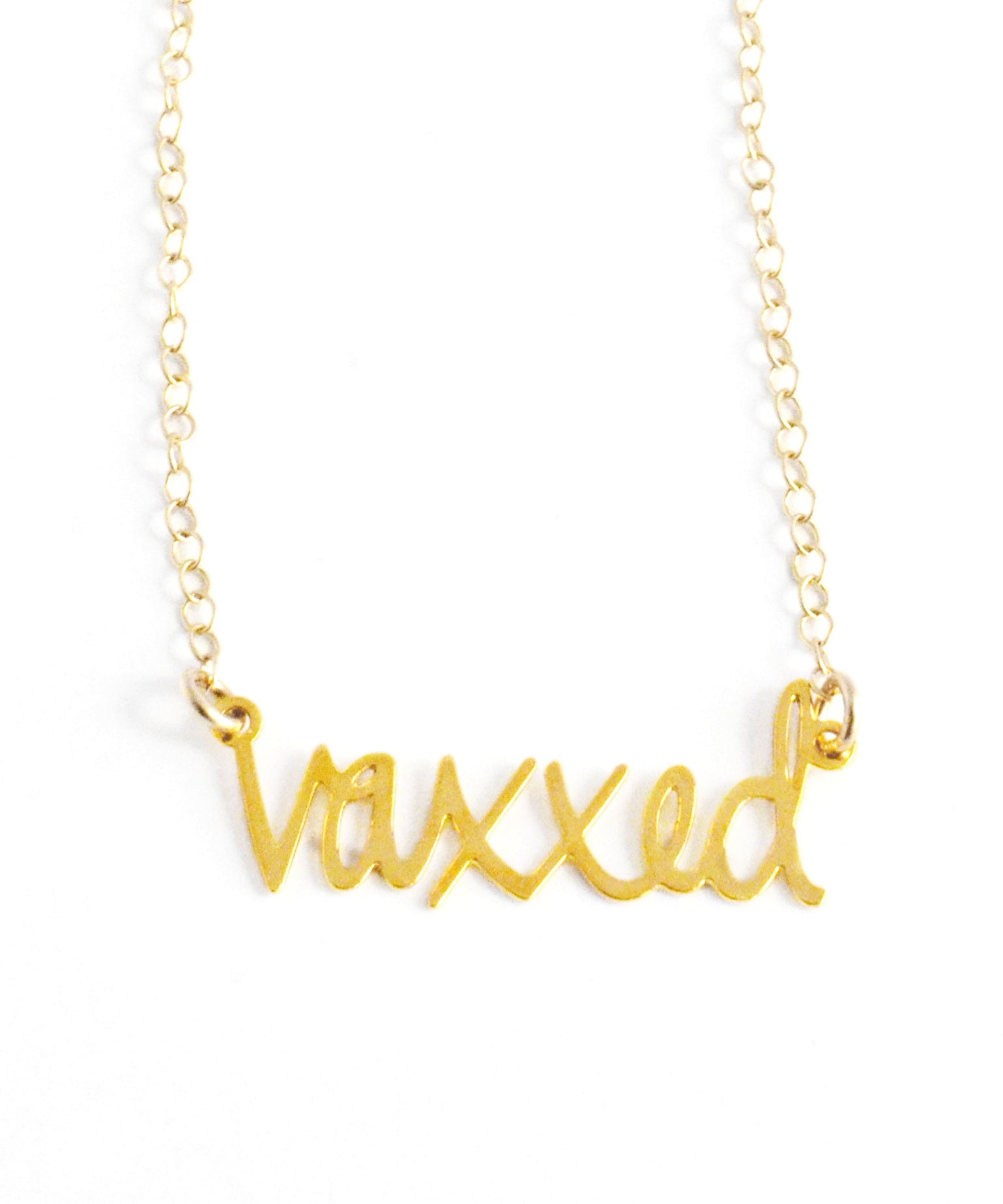 Vaxxed Necklace - High Quality, Affordable, Hand Written Word Necklace - Available in Gold and Silver - Made in USA - Brevity Jewelry