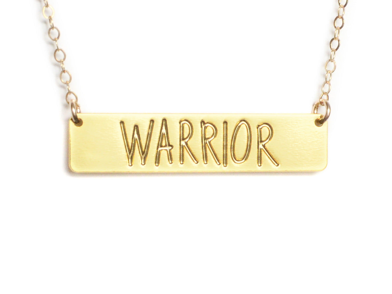 Warrior Bar Necklace - High Quality, Affordable, Hand Written, Self Love, Mantra Word Necklace - Available in Gold and Silver - Made in USA - Brevity Jewelry