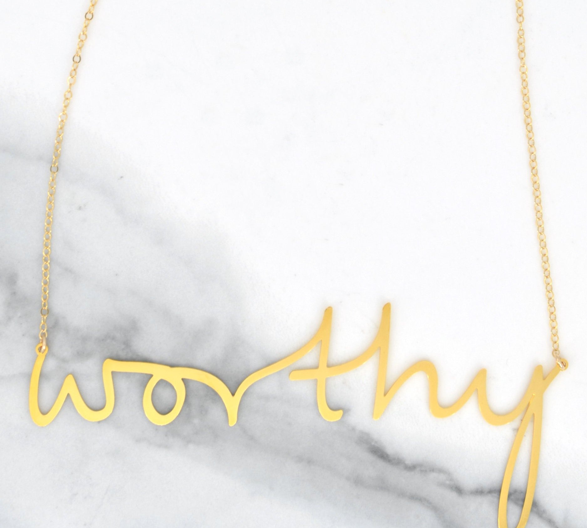 Worthy Necklace - High Quality, Affordable, Hand Written, Empowering, Self Love, Mantra Word Necklace - Available in Gold and Silver - Small and Large Sizes - Made in USA - Brevity Jewelry