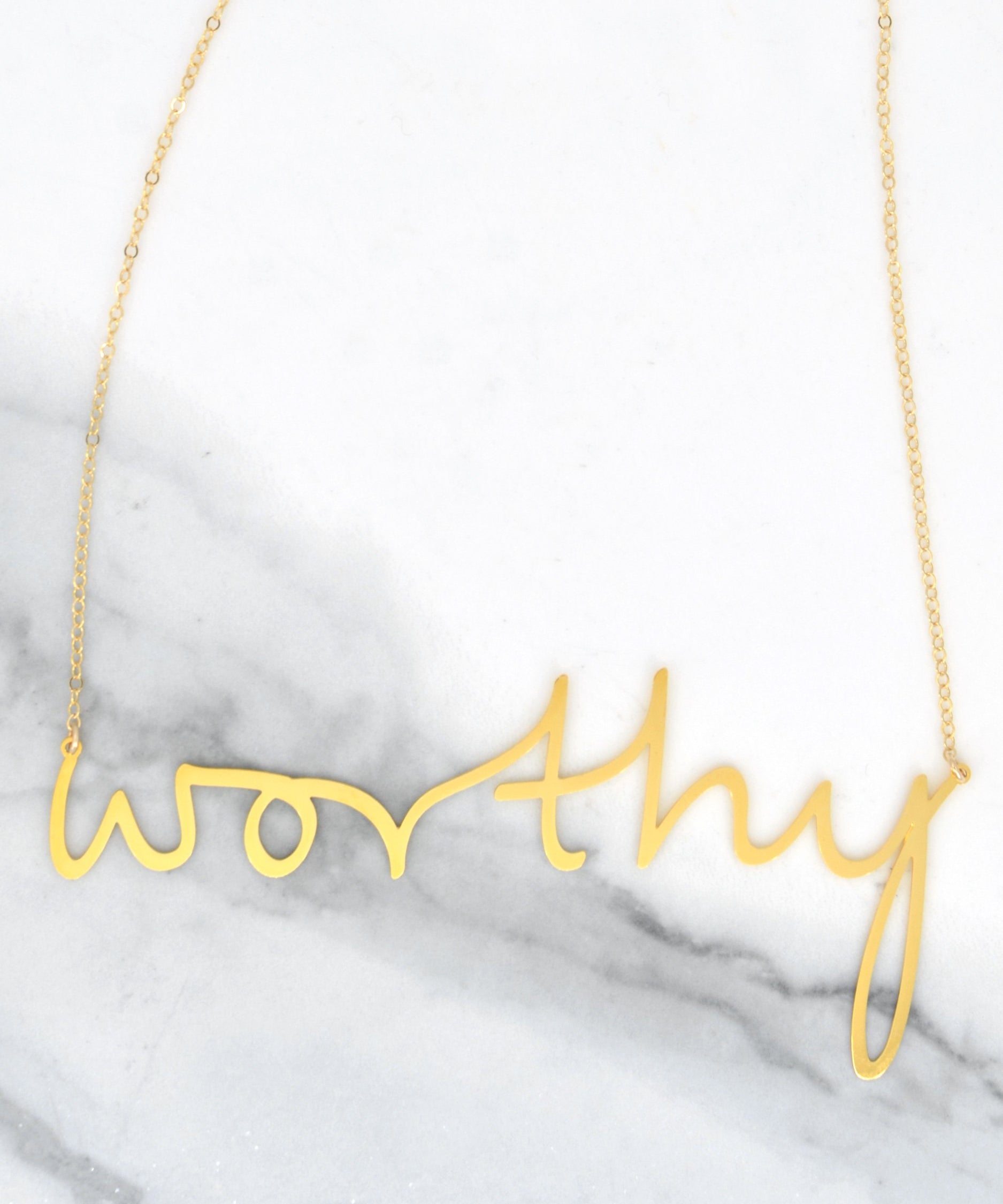 Worthy Necklace - High Quality, Affordable, Hand Written, Empowering, Self Love, Mantra Word Necklace - Available in Gold and Silver - Small and Large Sizes - Made in USA - Brevity Jewelry