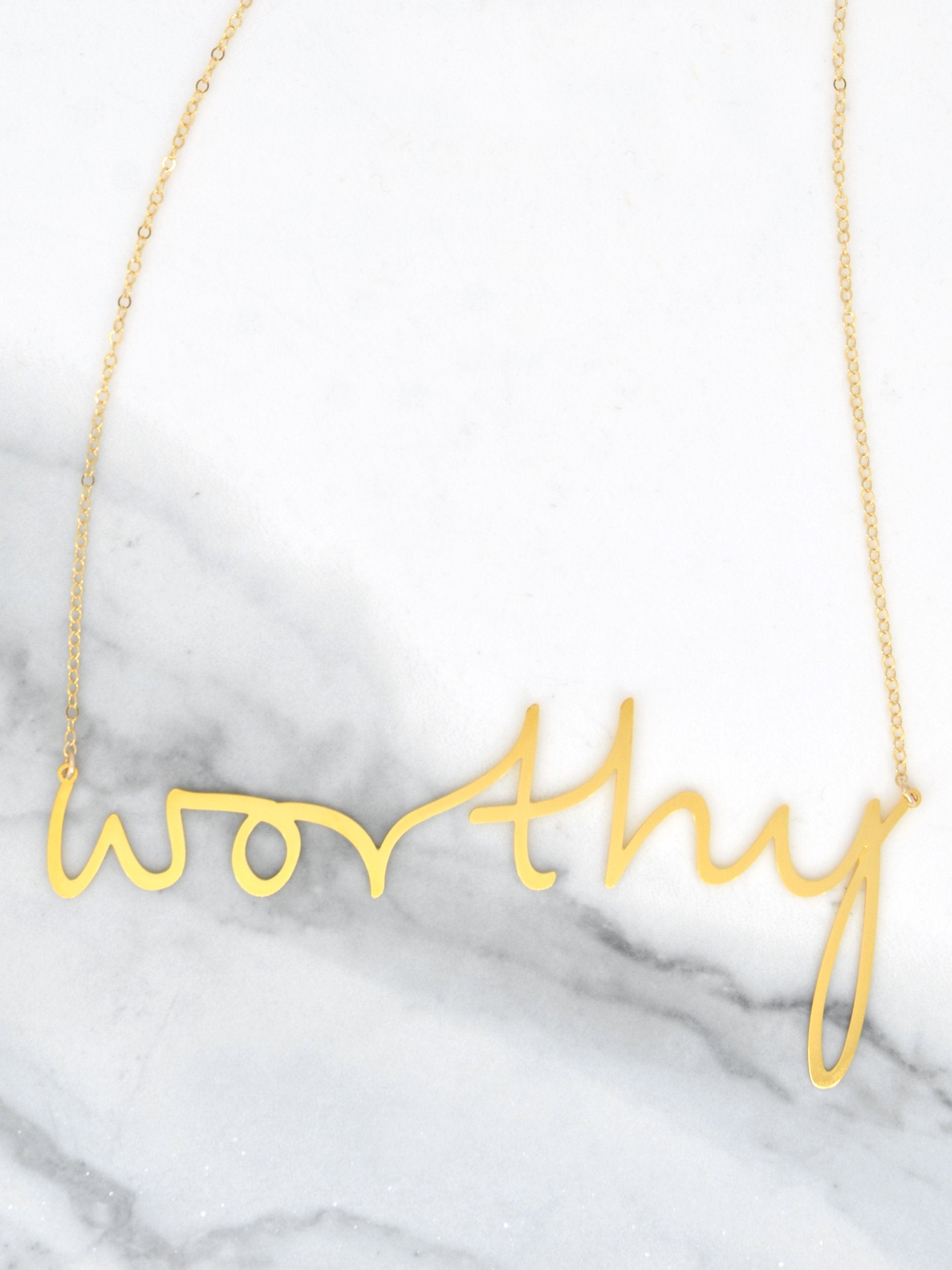 Worthy Necklace - High Quality, Affordable, Hand Written, Empowering, Self Love, Mantra Word Necklace - Available in Gold and Silver - Small and Large Sizes - Made in USA - Brevity Jewelry