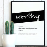 Framed Black Worthy Print With Word Definition - High Quality, Affordable, Hand Written, Empowering, Self Love, Mantra Word Print. Archival-Quality, Matte Giclée Print - Brevity Jewelry