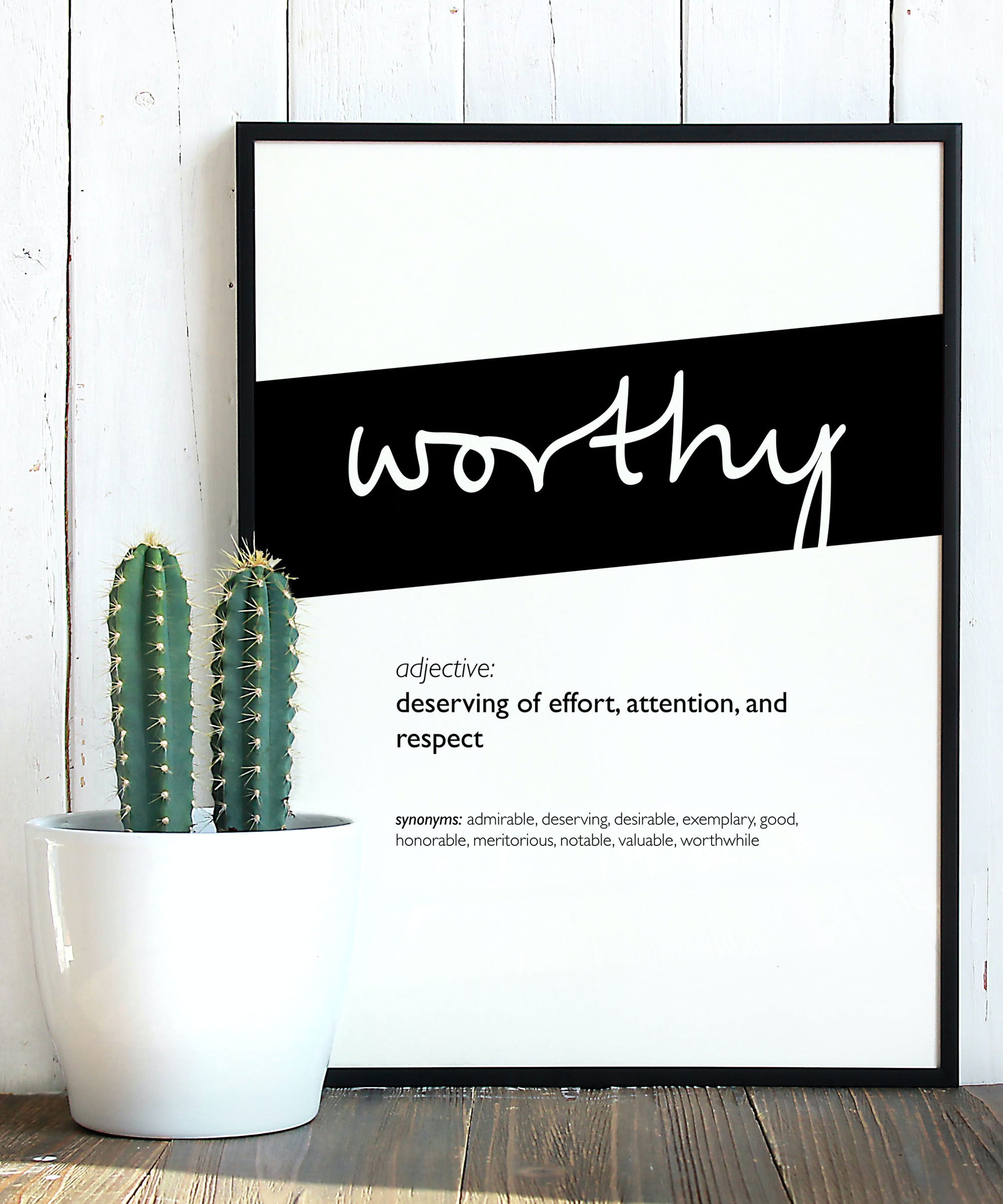 Framed Black Worthy Print With Word Definition - High Quality, Affordable, Hand Written, Empowering, Self Love, Mantra Word Print. Archival-Quality, Matte Giclée Print - Brevity Jewelry