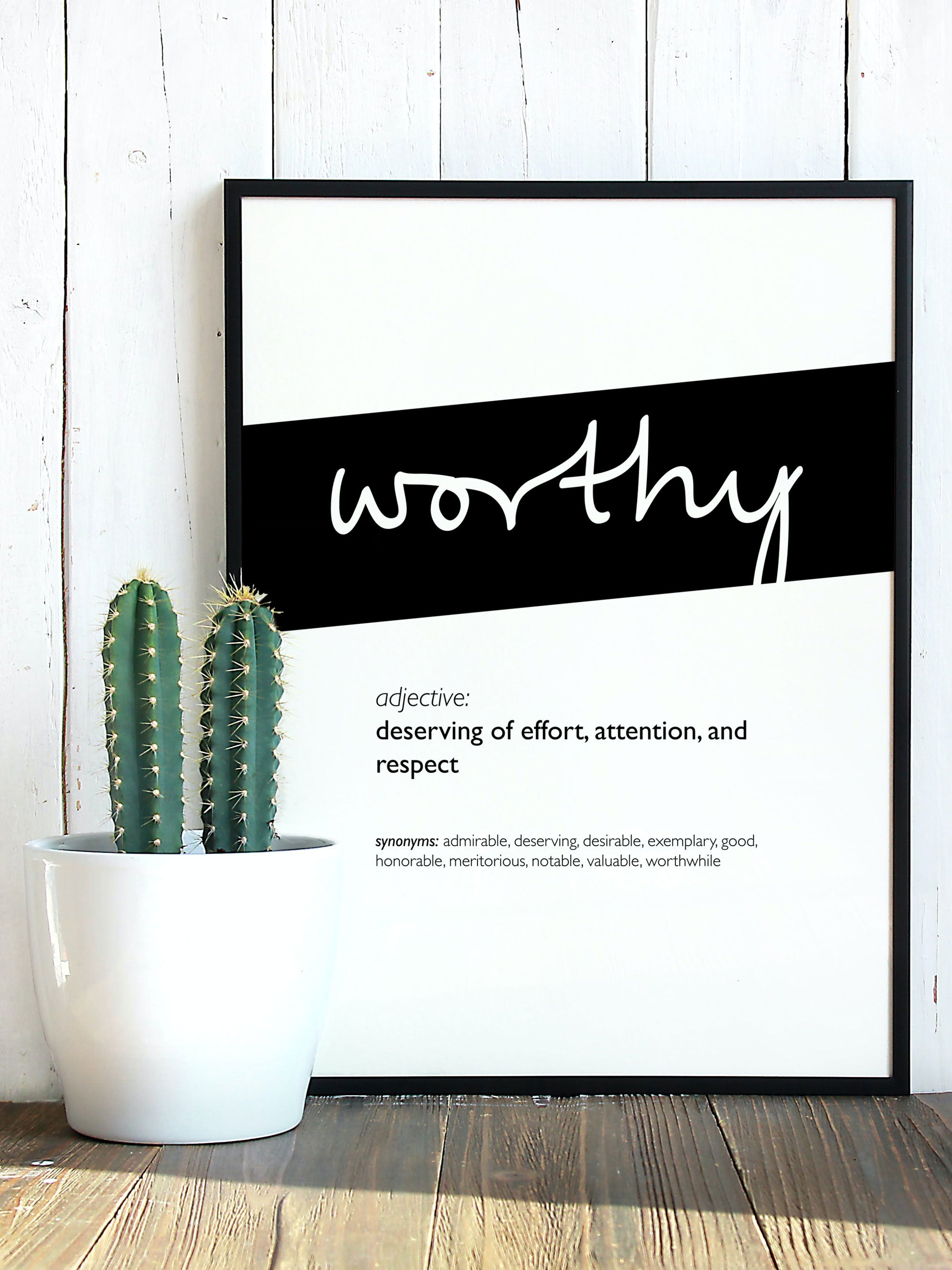 Framed Black Worthy Print With Word Definition - High Quality, Affordable, Hand Written, Empowering, Self Love, Mantra Word Print. Archival-Quality, Matte Giclée Print - Brevity Jewelry