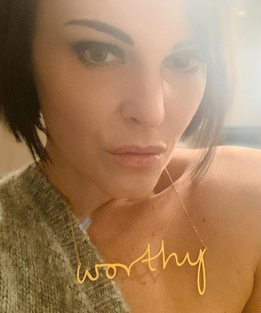 Worthy Necklace - High Quality, Affordable, Hand Written, Empowering, Self Love, Mantra Word Necklace - Available in Gold and Silver - Small and Large Sizes - Made in USA - Brevity Jewelry