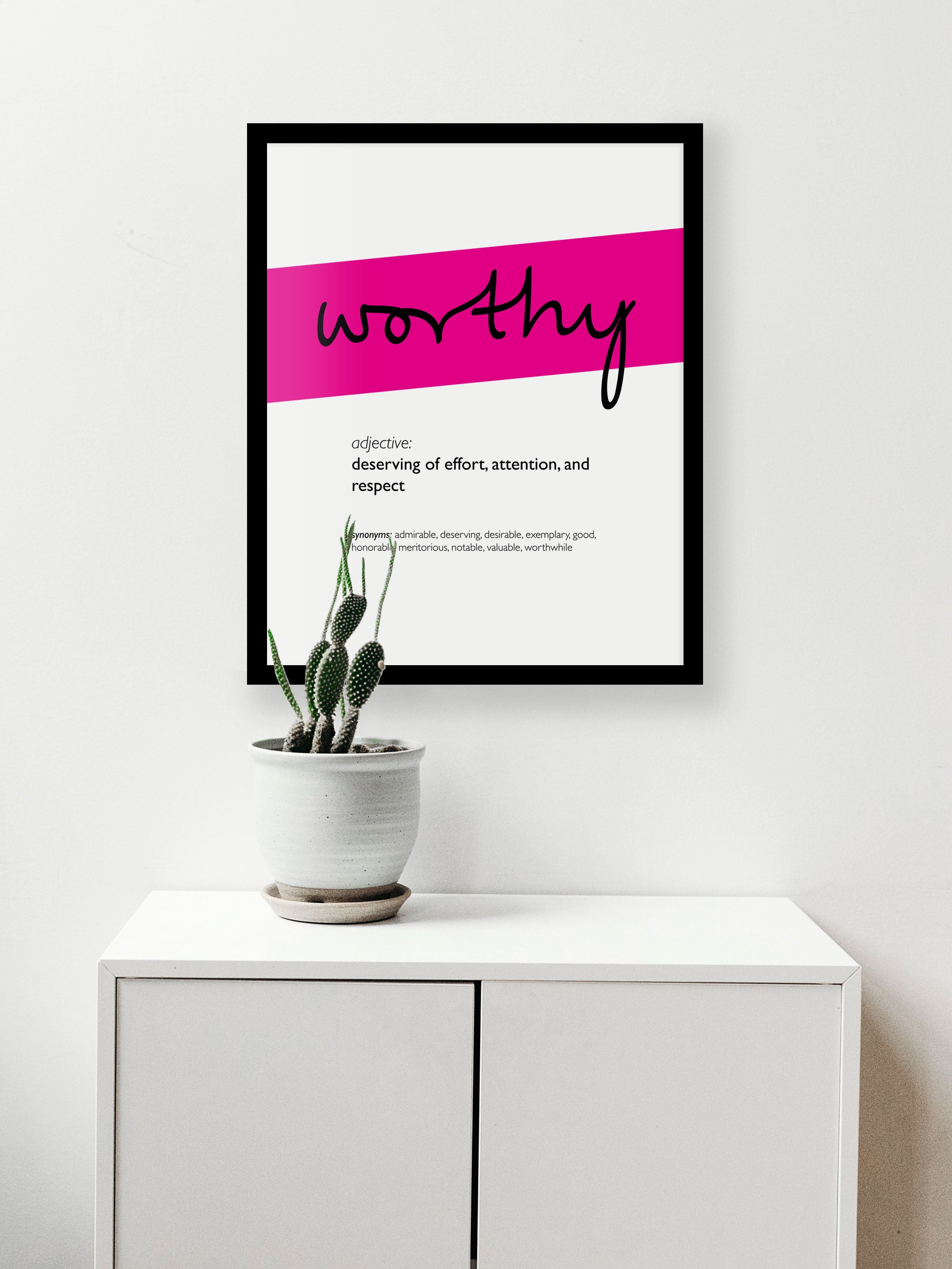 Framed Magenta Worthy Print With Word Definition - High Quality, Affordable, Hand Written, Empowering, Self Love, Mantra Word Print. Archival-Quality, Matte Giclée Print - Brevity Jewelry