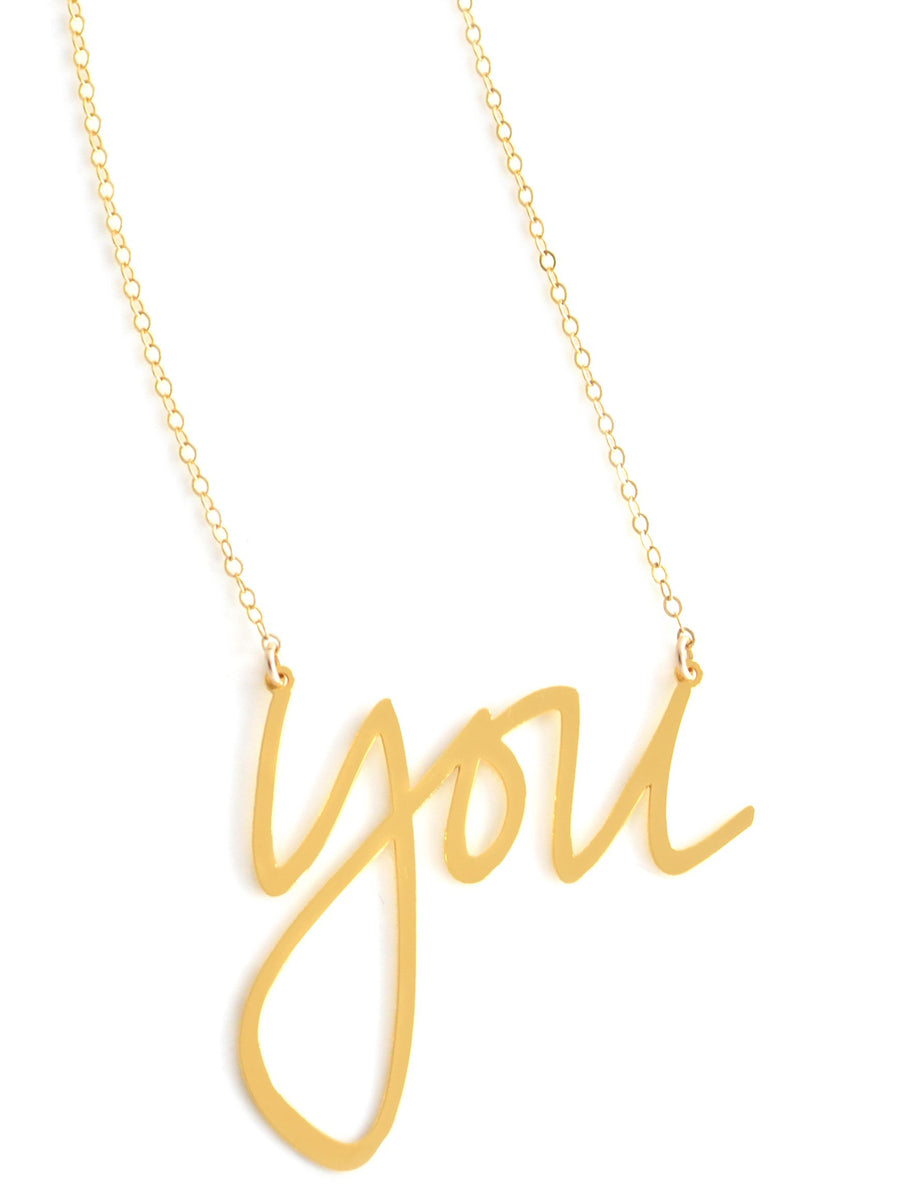 You Necklace - High Quality, Affordable, Hand Written, Self Love, Mantra Word Necklace - Available in Gold and Silver - Small and Large Sizes - Made in USA - Brevity Jewelry